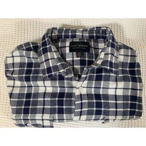 Lucky Brand Men's Plaid Flannel Shirt Button  Blue White‎ Large